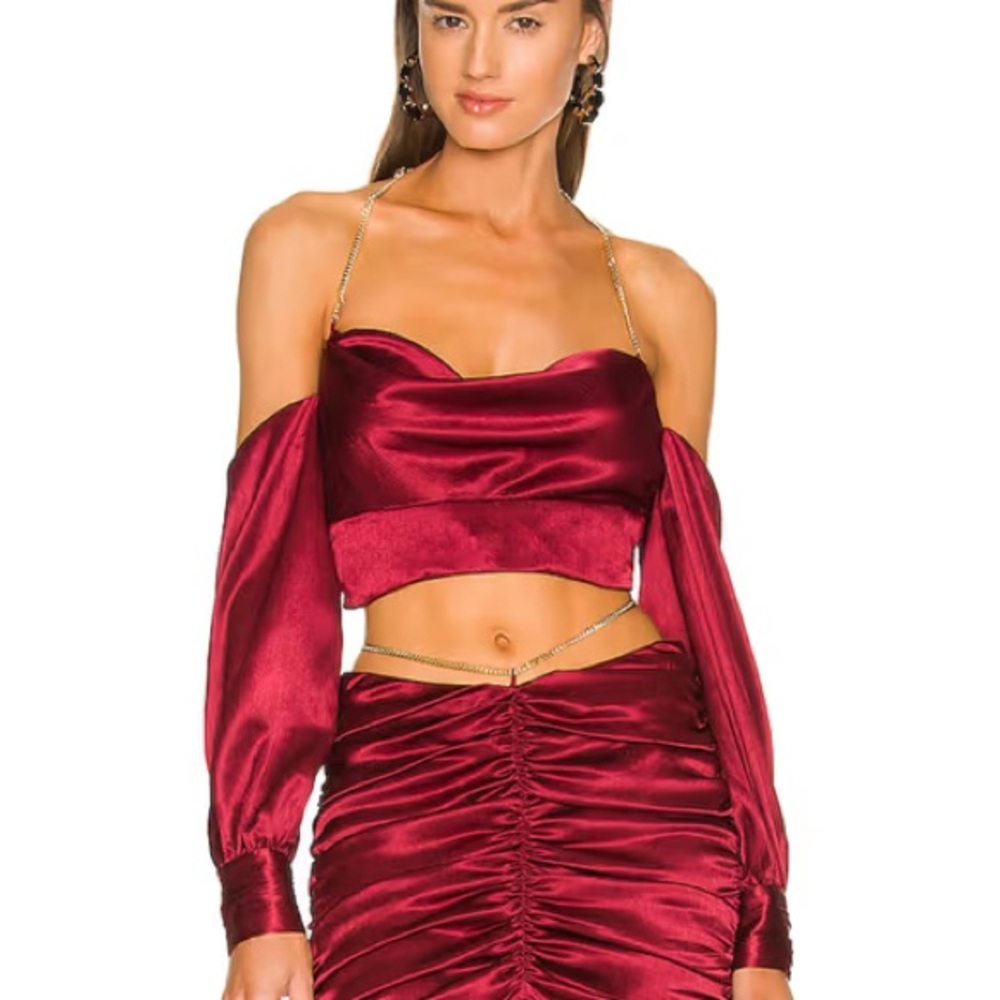 Michael Costello Satin Crop Chained Burgundy Top Size Small